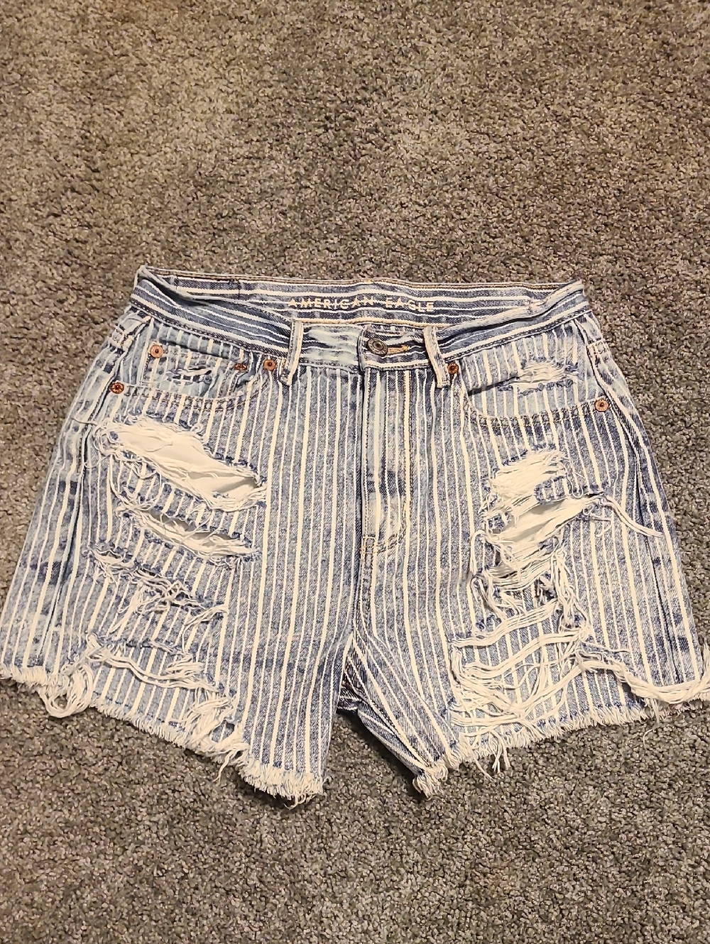 American Eagle Blue and White Striped Distressed Boyfriend Denim Shorts - Picture 1 of 8